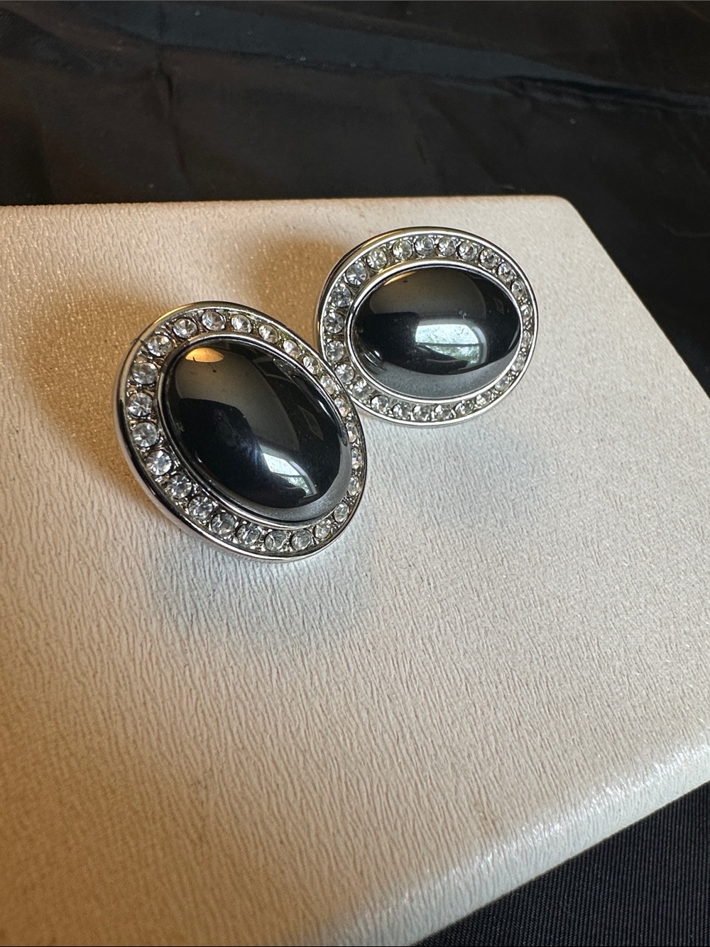 Signed LP Vintage Hematite Rhinestone Earrings